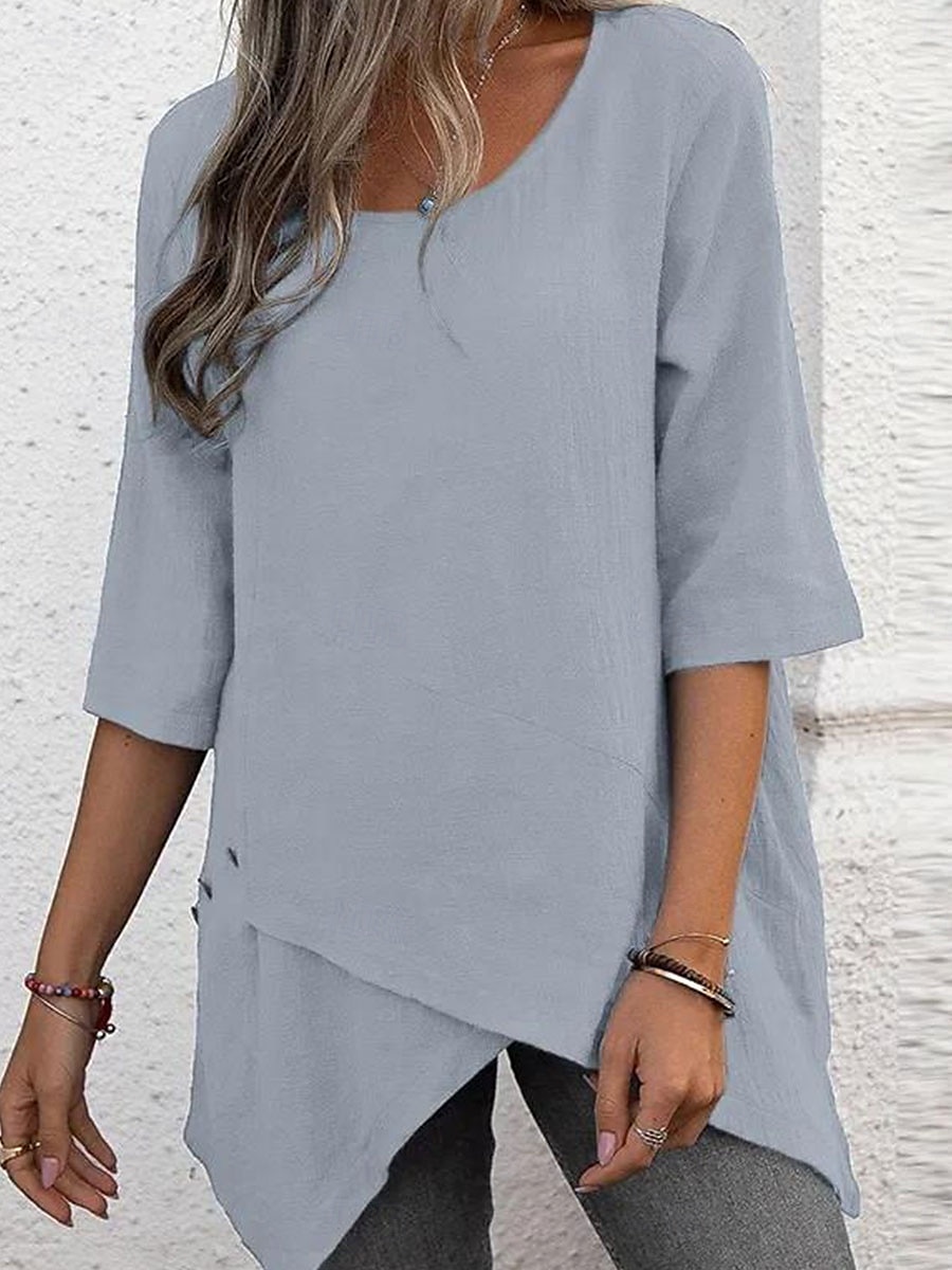 Women's Blouse Solid Color Elegant Stylish Casual Short Sleeve Crew Neck Regular Tops Work Daily Going out Asymmetric Hem Dusty Blue Gray Summer Spring 2025 - $26.99 –P4