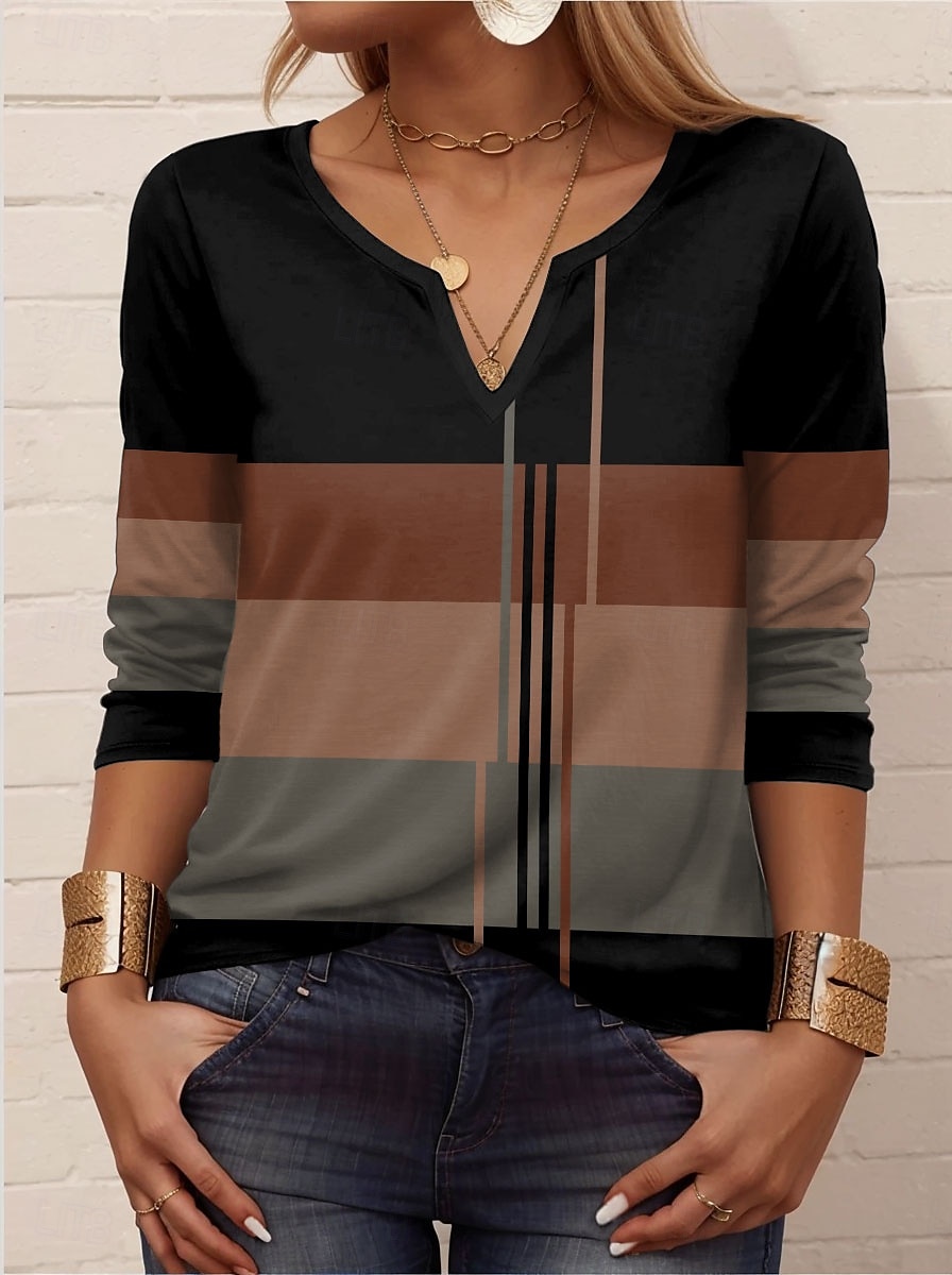Femme T shirt Géométrique Rayé Décontractées manche longue Col cranté Hauts réguliers du quotidien Imprimer Noir Bleu Violet Vert Eté Printemps Automne de 2025 ? $27.99 –P1