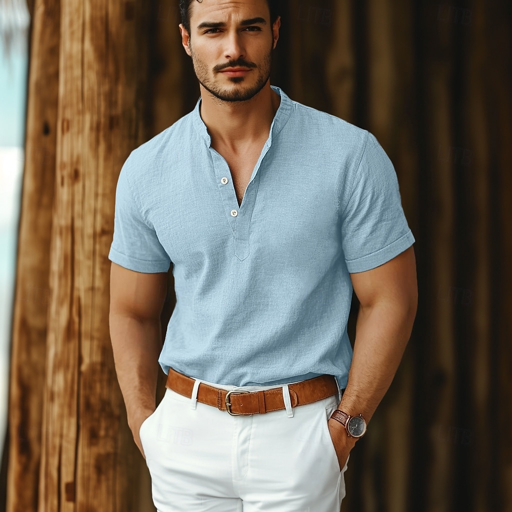 Per uomo Camicia camicia di lino Camicia con colletto a fascia Camicia popover Camicia estiva Abbigliamento mare Liscio Da mare Informale Nero Bianco Rosa Blu marino Manica corta Henley Estate del 2025 a $25.99 –P2