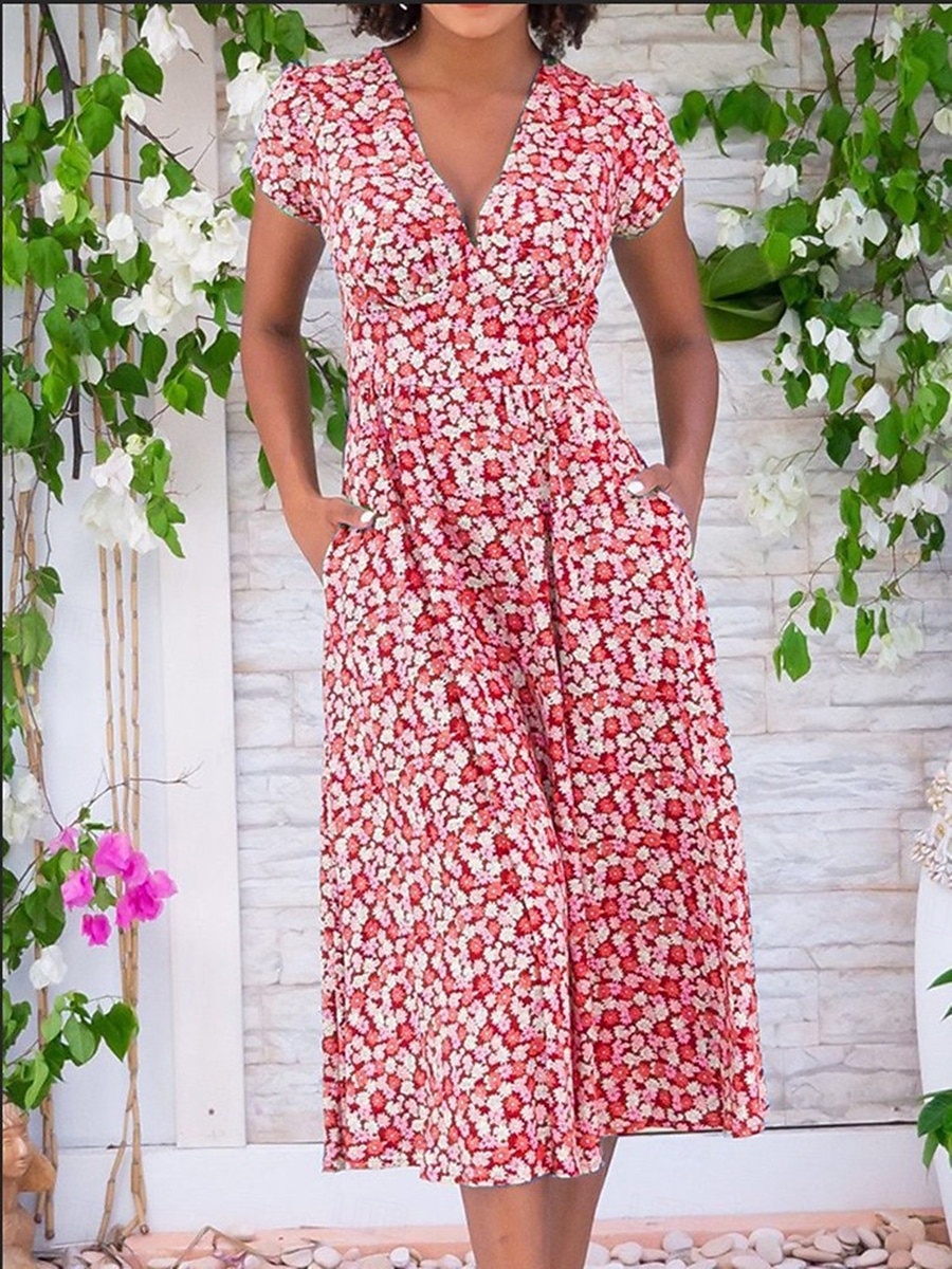 női munkaruha alkalmi ruha vonalas ruha elegáns irodai napi munkadivat midi ruha zseb v nyak rövid ujjú virágos szabályos szabás sárga piros kék nyári tavaszi s m l xl 2xl 2025 - $25.99 –P5