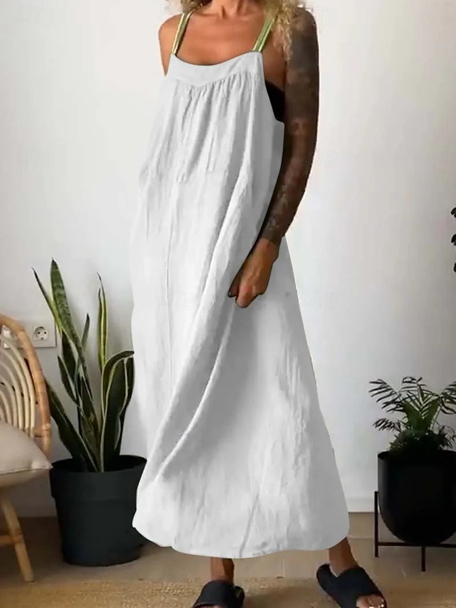 Damen Maxikleid Baumwoll-Leinen-Kleider Freizeitkleid Basic Lässig Urlaub Täglich Normale Passform Einfach Ärmellos U-Ausschnitt Schwarz Weiß Blau Khaki Sommer 2025 - $26.99 –P2