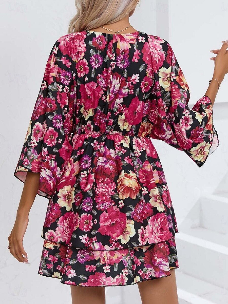 Dames Mini-jurk Casual jurk A lijn jurk Stijlvol Casual Vakantie Dagelijks Normale pasvorm Bloemig 3/4 mouw V-hals Zwart Rood Zomer Lente 2025 - $27.99 –P2
