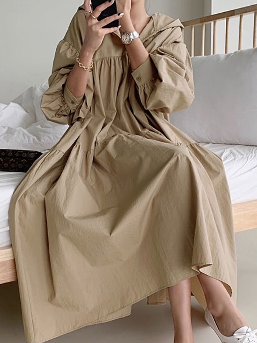 Damen Maxikleid Leinen-inspirierte Kleider Hemdblusenkleid Basic Lässig Urlaub Täglich Normale Passform Einfach Langarm Mit Kapuze Schwarz Khaki Frühling Herbst 2025 - $36.99 –P4