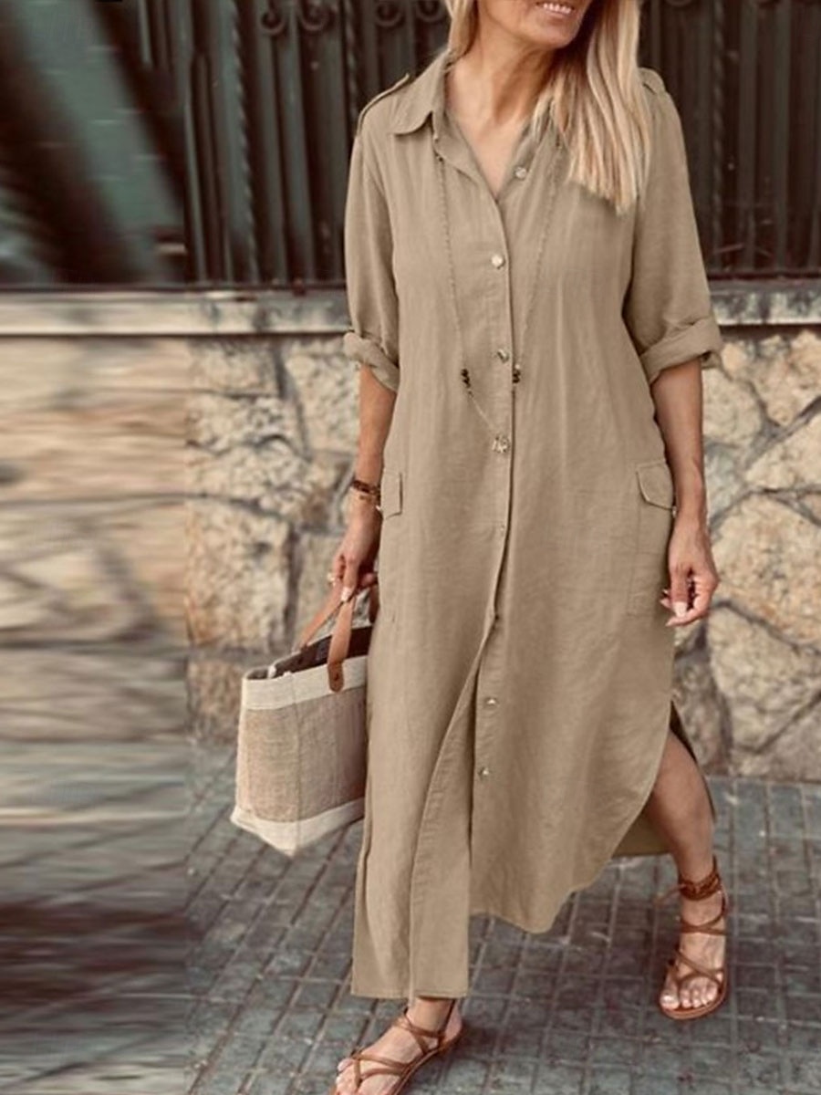 Жен. Длинное платье Платья из хлопка и льна Повседневное платье Элегантный стиль Стиль Классический Отпуск Повседневные Свидание Свободное облегание Полотняное плетение Длинный рукав 2025 - $36.99 –P5