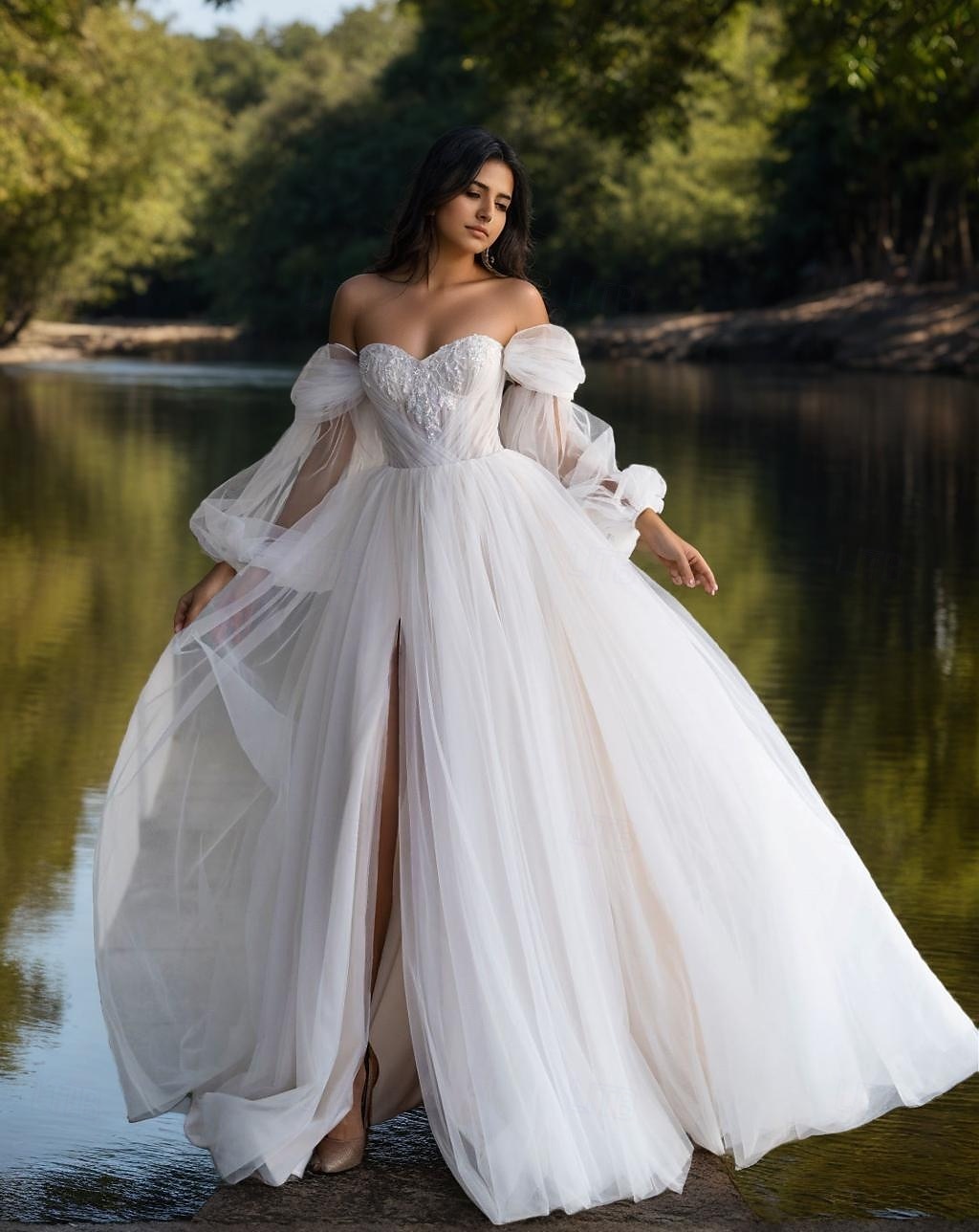 Beach Wedding Dresses A-Line Sweetheart Puff Sleeve Tulle Bridal Gowns With Ruched Details 2025 - $204.39 –P1