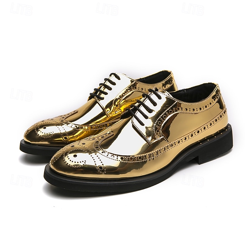 scarpe brogue da uomo in finta pelle verniciata color oro - design classico con lacci a punta per eventi formali, feste e matrimoni del 2025 a $46.99 –P3