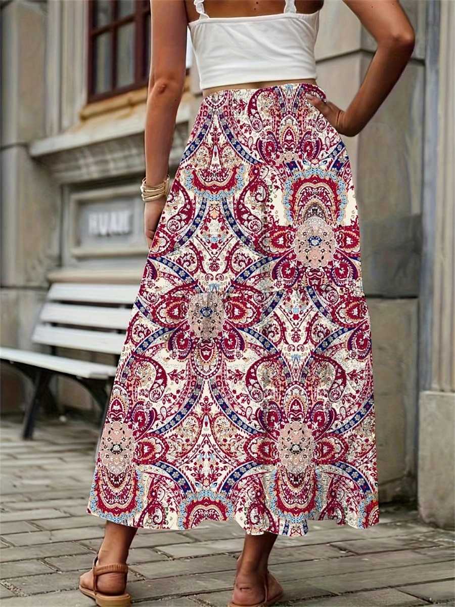 Damen Rock A-Linie Modisch Brautkleider schlicht Midi Mittlere Taillenlinie Röcke Geometrisch Bedruckt Mikro-elastisch Strasse Täglich Wein Gelb Sommer Polyester 2025 - $23.99 –P5