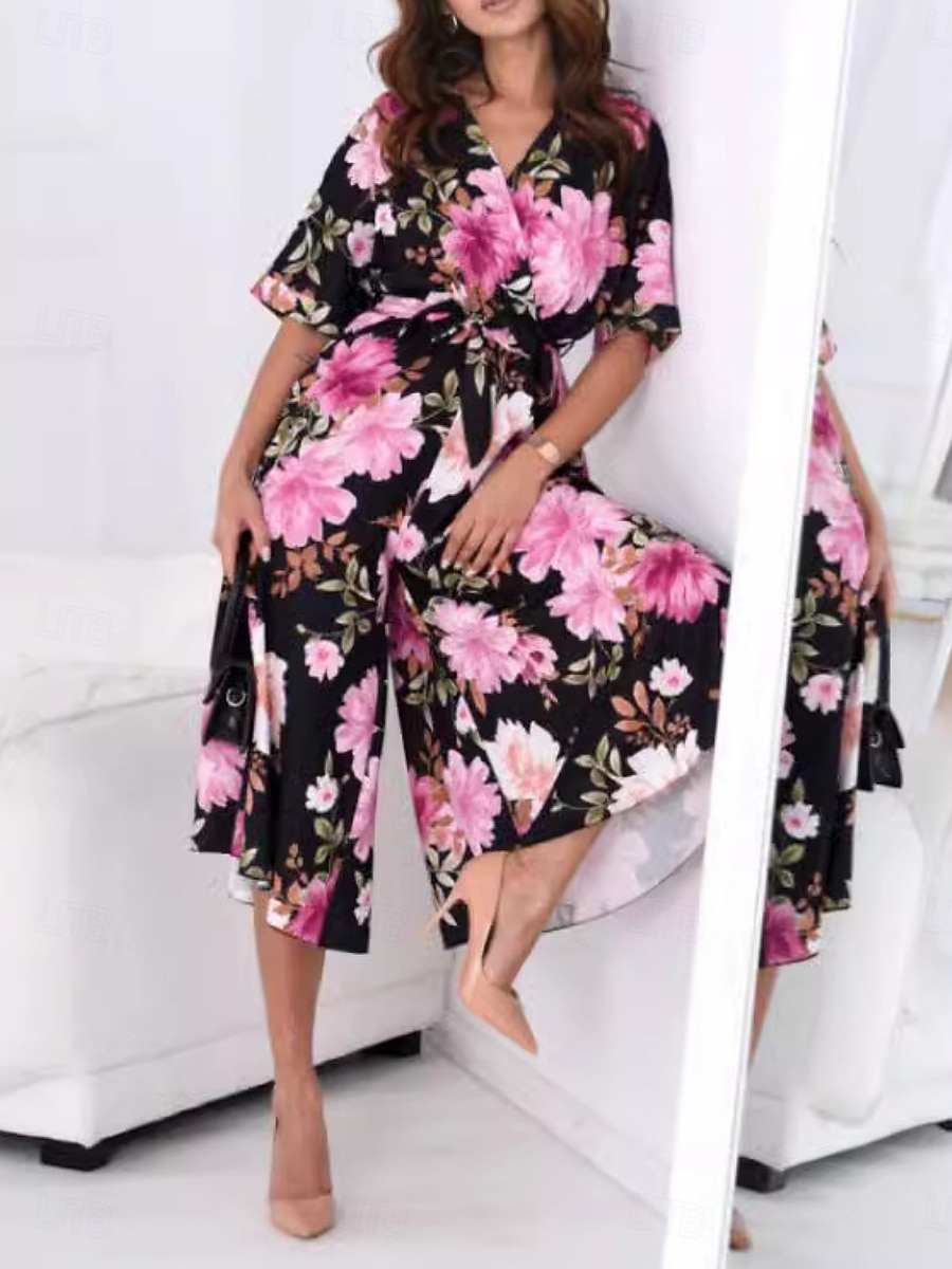 Mujer Normal Mono Activo Floral Media Manga Escote en Pico Alta cintura Vacaciones Diario Ajuste regular Negro Verano 2026 - $35.99 –P4