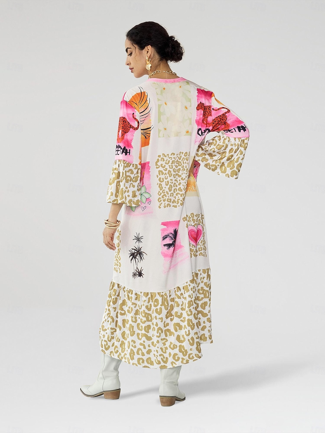 Robe longue décontractée à col ras du cou et à boutons en satin imprimé léopard de 2025 ? $68.99 –P2