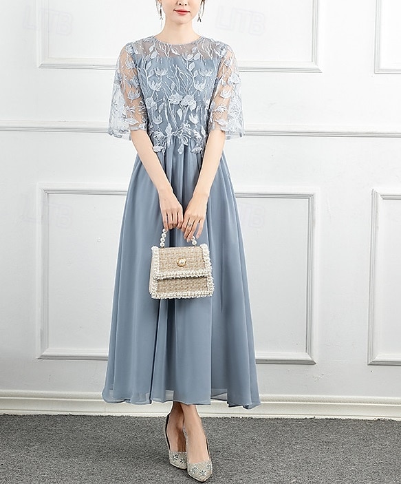 A-Line Dress Mother of the Bride Dress Formal Elegant Sparkle & Shine Jewel Neck Ankle Length Chiffon Long Sleeve with Lace Embroidery Solid Color 2025 2025 - $105.99 –P4