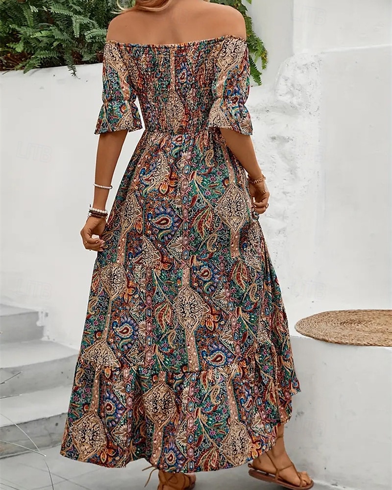 Dámské Dlouhé šaty Maxi šaty Áčkové šaty Letní šaty Boho šaty Elegantní Čechy stylové Dovolená Denní Rande Běžný Grafika Krátký rukáv Pod rameny Oranžová Trávová zelená Tmavomodrá Léto 2025 - $28.99 –P4