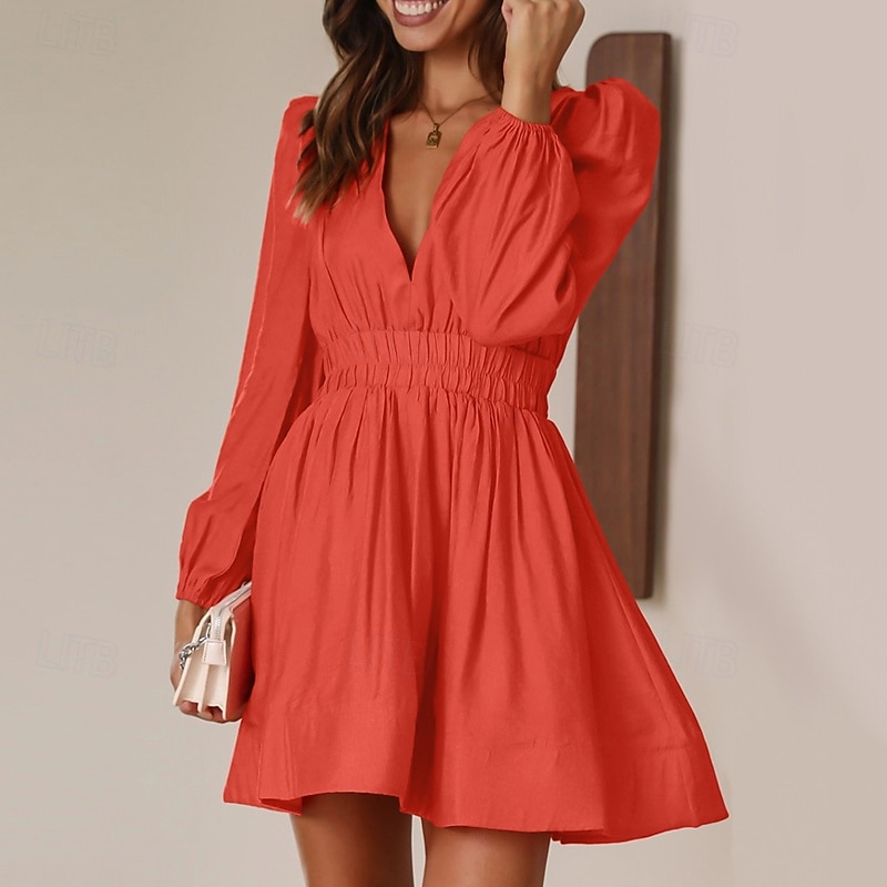 Pentru femei Rochie Mini Rochie casual Rochie A line Stilat Casual Vacanță Zilnic Dată Fit regulat Simplu Manșon Lung În V Negru Roz Îmbujorat Albastru piscină Portocaliu Vară 2025 - $26.99 –P1