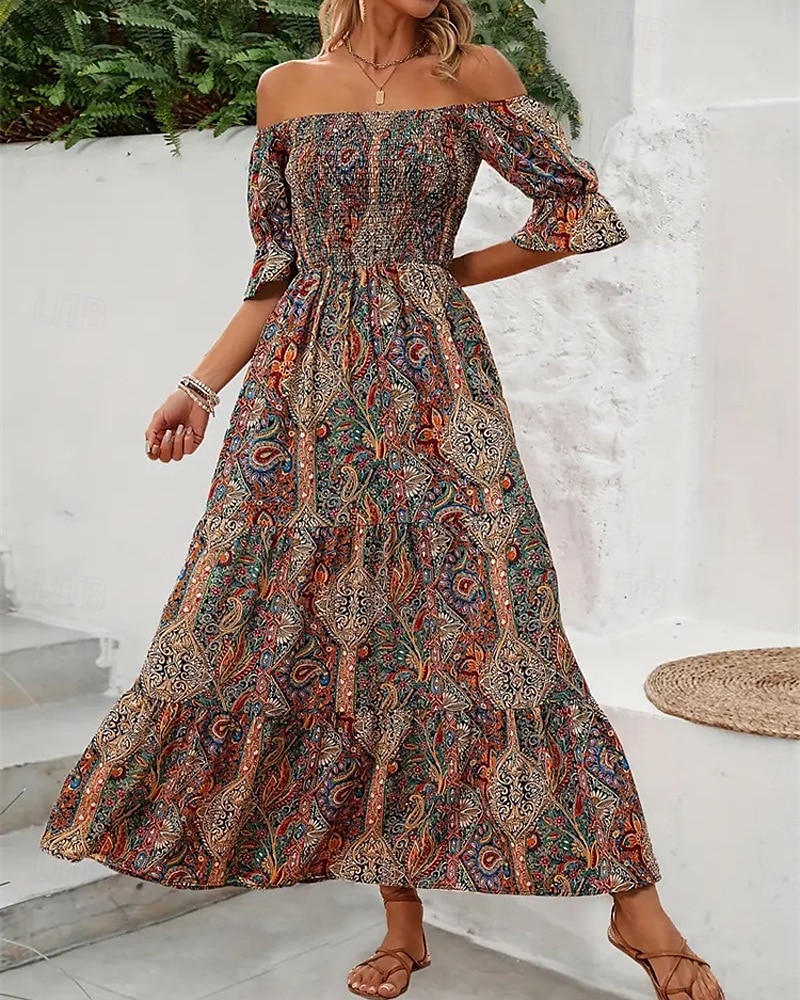 Dámské Dlouhé šaty Maxi šaty Áčkové šaty Letní šaty Boho šaty Elegantní Čechy stylové Dovolená Denní Rande Běžný Grafika Krátký rukáv Pod rameny Oranžová Trávová zelená Tmavomodrá Léto 2025 - $28.99 –P2
