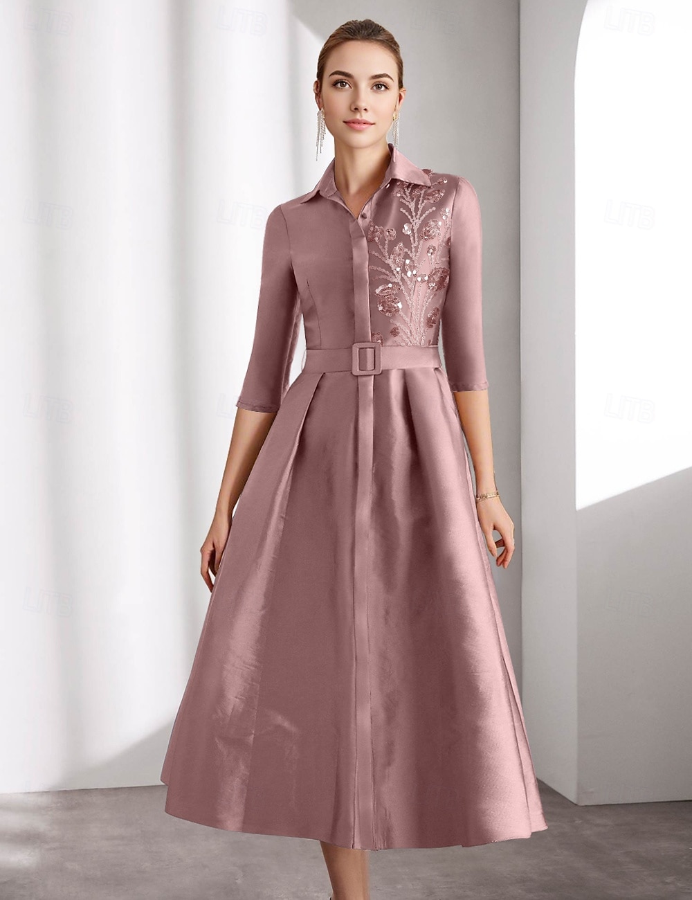 A-Linie Cocktailkleider Elegantes Kleid Festlich Knöchellang 3/4 Länge Ärmel Hemdkragen Gürtel  Schärpe Satin mit Glitzerperlen Derbykleider 2025 2025 - $164.99 –P3