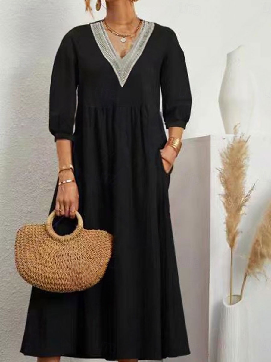 Women's Midi Dress Elegant Vintage Stylish Lantern Sleeve Vacation Daily Regular Fit Plain 3/4 Length Sleeve V Neck Black White Summer Spring Fall 2025 - $23.99 –P1
