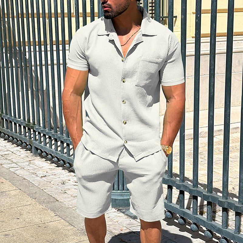 Homme Deux pièces Ensemble Chemise Ensemble été Et Set Uni Quotidien Vacances Sortir Col Manche Courte Pantalon Court Été Mode Occasionnel Confortable Vêtement Tenue de 2026 ? $41.99 –P7