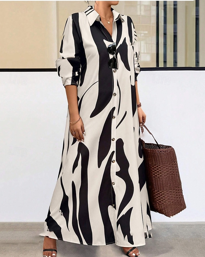 Women's Long Dress Maxi Dress Shirt Dress Casual Dress Summer Dress Stylish Casual Vacation Daily Date Regular Fit Floral Graphic Long Sleeve Lapel Black And White Black Blue Orange Summer Spring 2025 - $26.99 –P4
