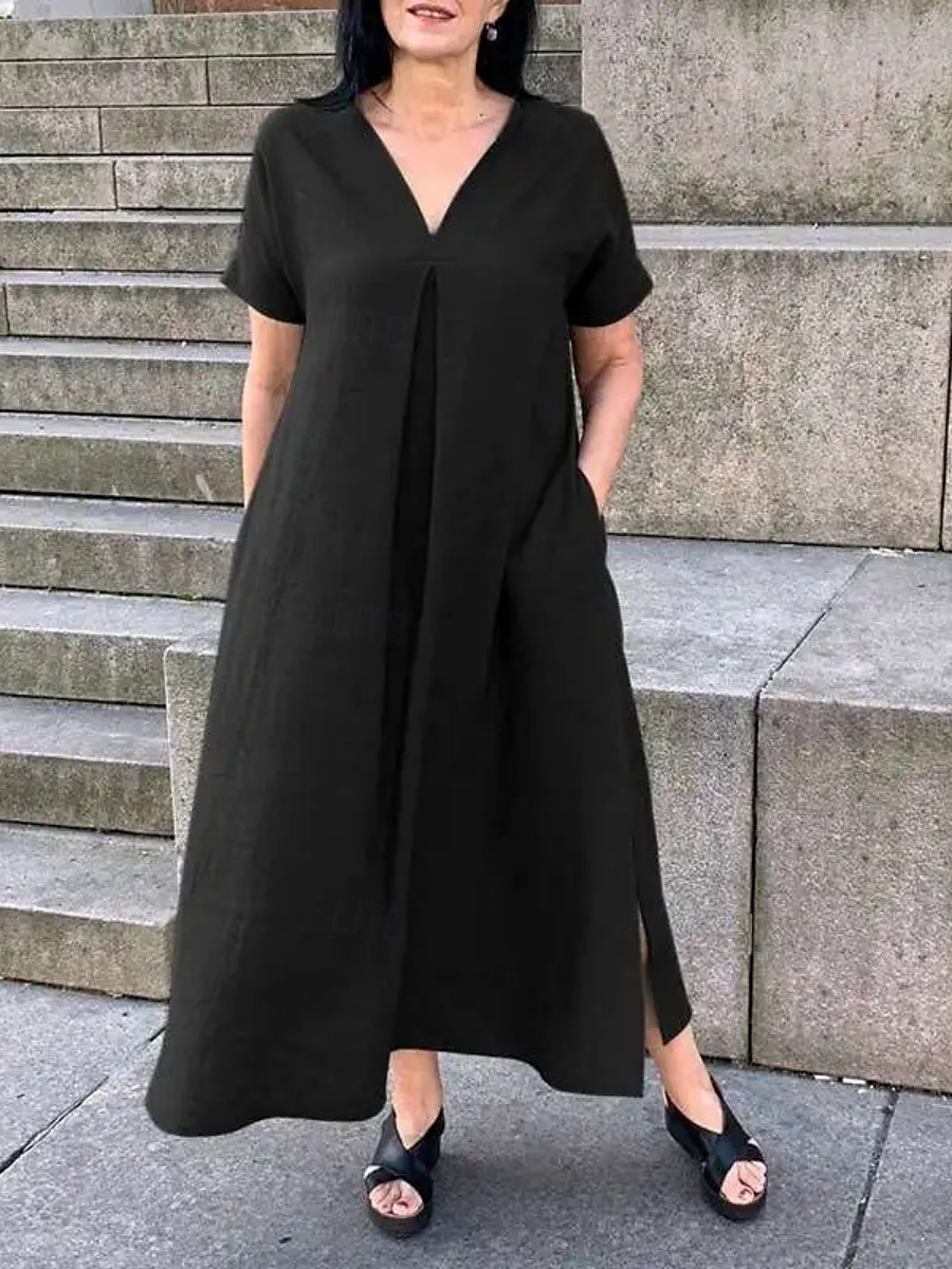 Pentru femei Rochie Maxi Rochii de in bumbac Rochie casual Rochie leagăn Rochie maxi din bumbac De Bază Casual Vacanță Zilnic Fit regulat Simplu Manșon scurt În V Negru Trifoi Vară 2025 - $32.99 –P1
