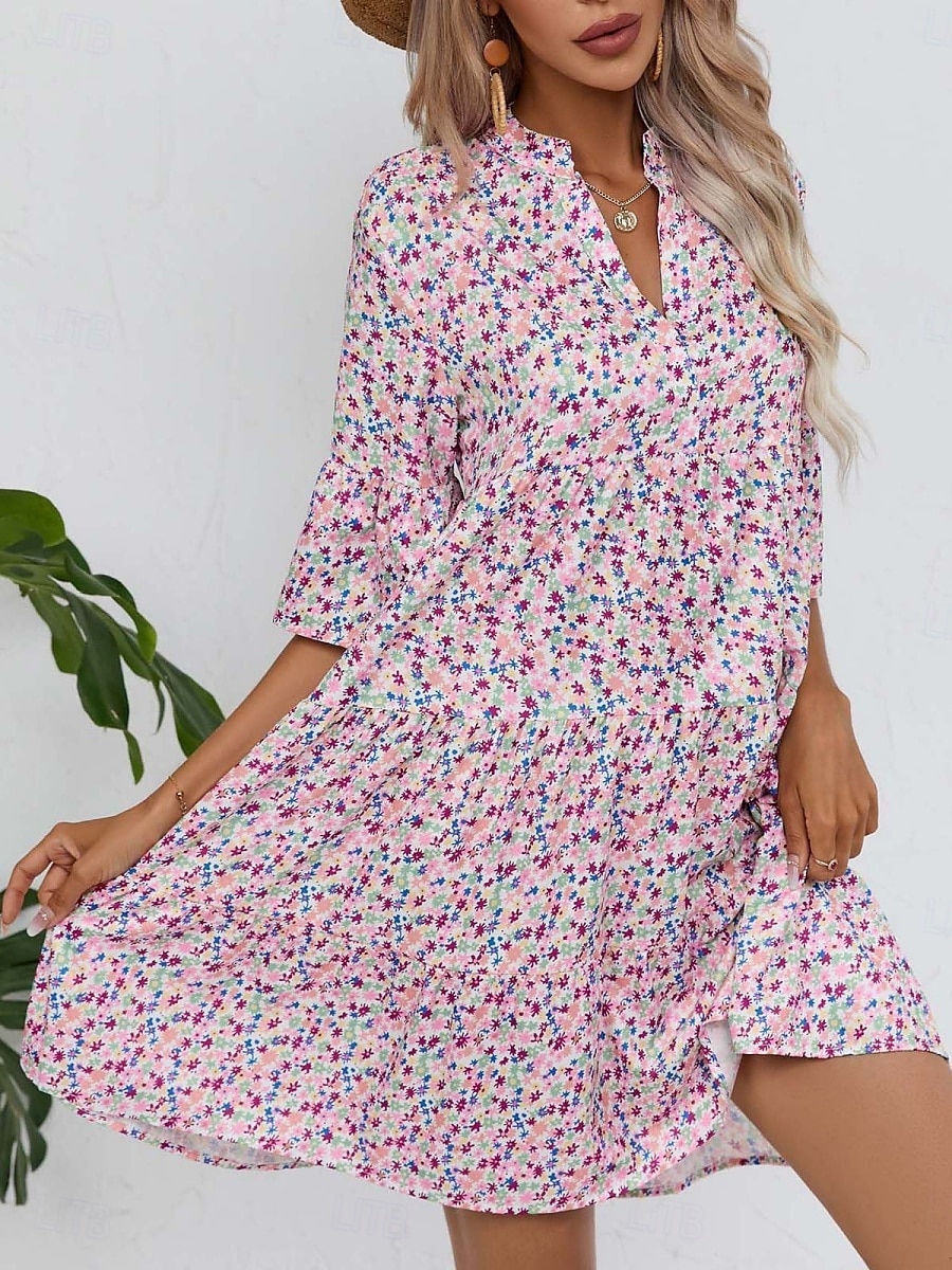 Damen Minikleid Casual kleid Boho Chic Kleider A Linie Kleid Boho-Kleid Böhmen Vintage Urlaub Täglich Regular Fit Blumen 3/4 Ärmel Gekerbter Hals Rosa Blau Sommer 2025 - $25.99 –P12