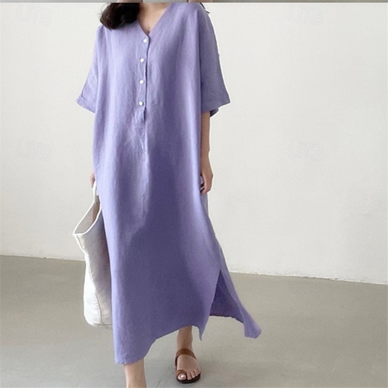 Women's Long Dress Maxi Dress Linen-Inspired Dresses Casual Dress Stylish Ethnic Casual Vacation Daily Date Regular Fit Plain Half Sleeve V Neck Purple Summer Spring 2025 - $28.99 –P1