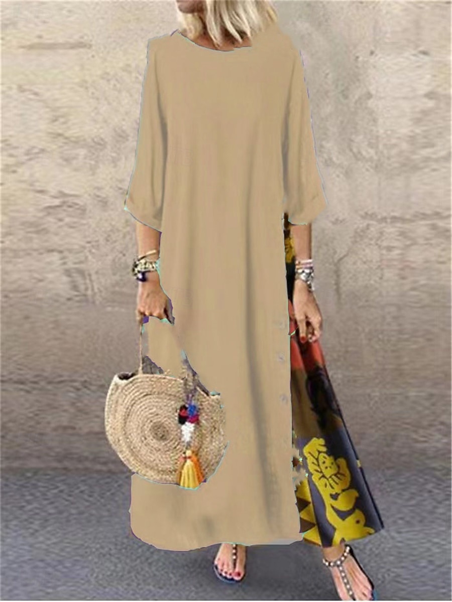 Damen Maxikleid Baumwoll-Leinen-Kleider Freizeitkleid Vintage Stilvoll Ethnisch Urlaub Täglich Lässiger Schnitt Blumen Dreiviertelarm Rundhalsausschnitt Gelb Wein Khaki Armeegrün Frühling Herbst 2025 - $26.99 –P6