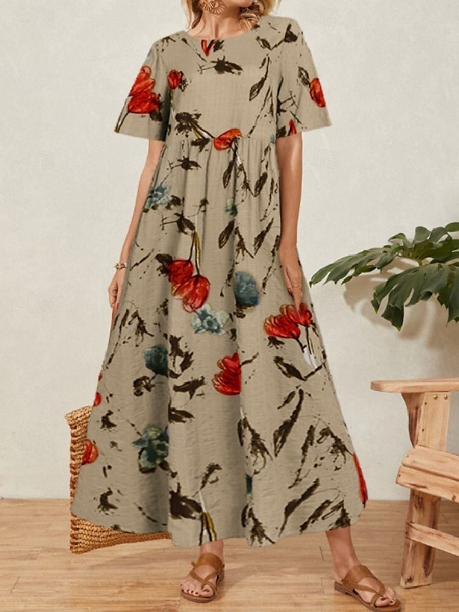 Femmes Robe maxi Robes en coton et lin Robe Décontractée Robe évasée Robe longue en coton Élégant Occasionnel Vacances Quotidien Coupe régulière Fleuri Manche Courte Col ras du cou Jaune clair Vert de 2025 ? $26.99 –P3