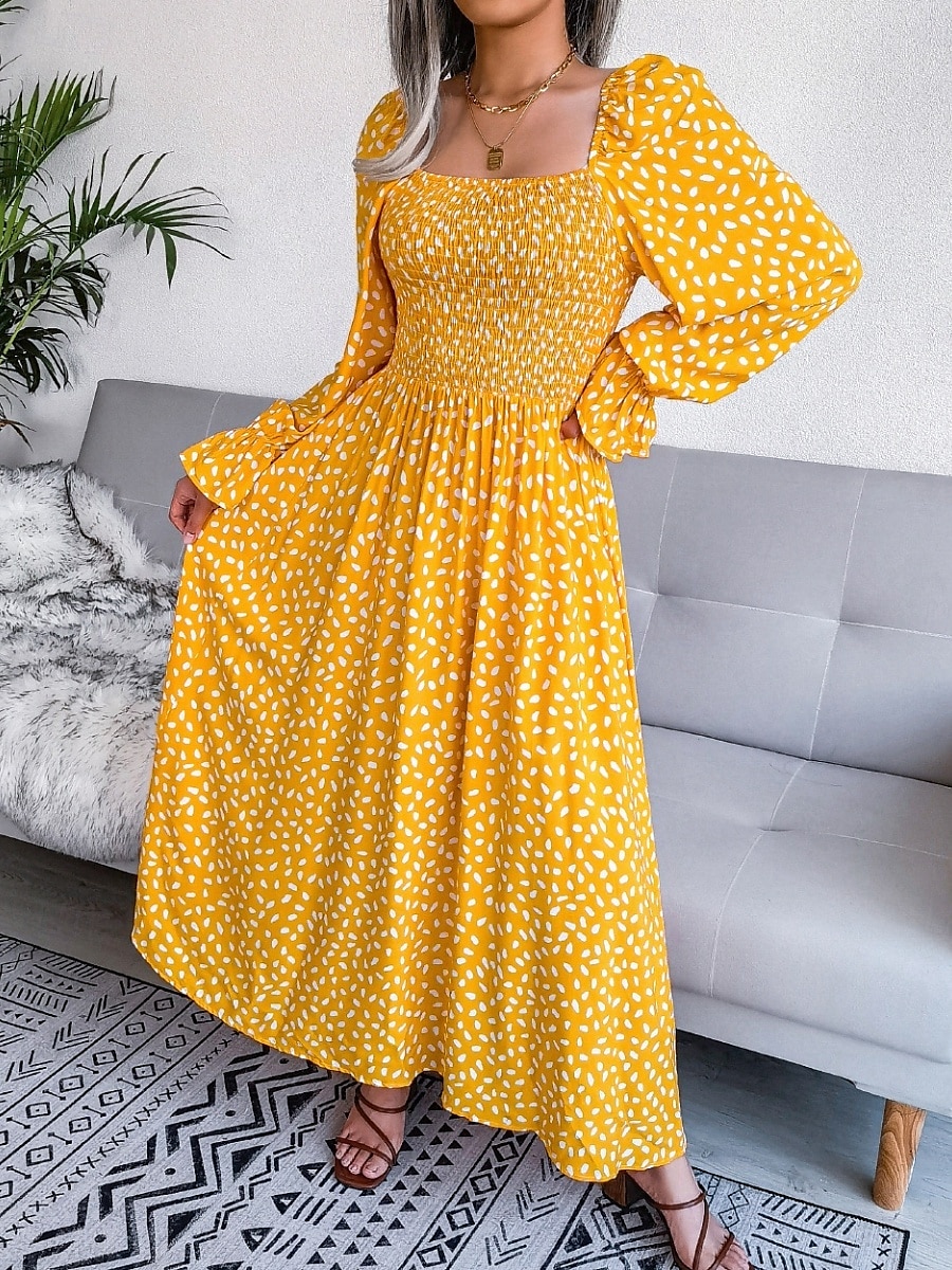 Femme Robe Maxi Robe Maxi Robe de laitière Robe smockée Soirée Hawaïen mode Vacances Travail du quotidien Standard Pois manche longue Col Carré Jaune Rose Claire Printemps Automne de 2025 ? $33.99 –P6