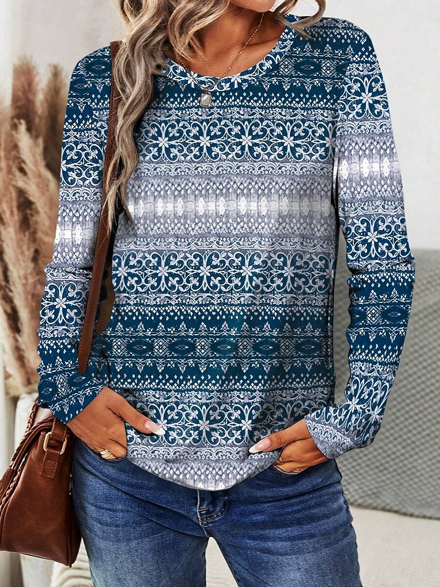Dam T-shirt Crew Neck Lång Ärmm Tunika Grafisk Geometrisk Lätt Regelbundna Toppar Daglig Tryck Dammig Blå Vår Höst 2025 - HUF 8999 –P3