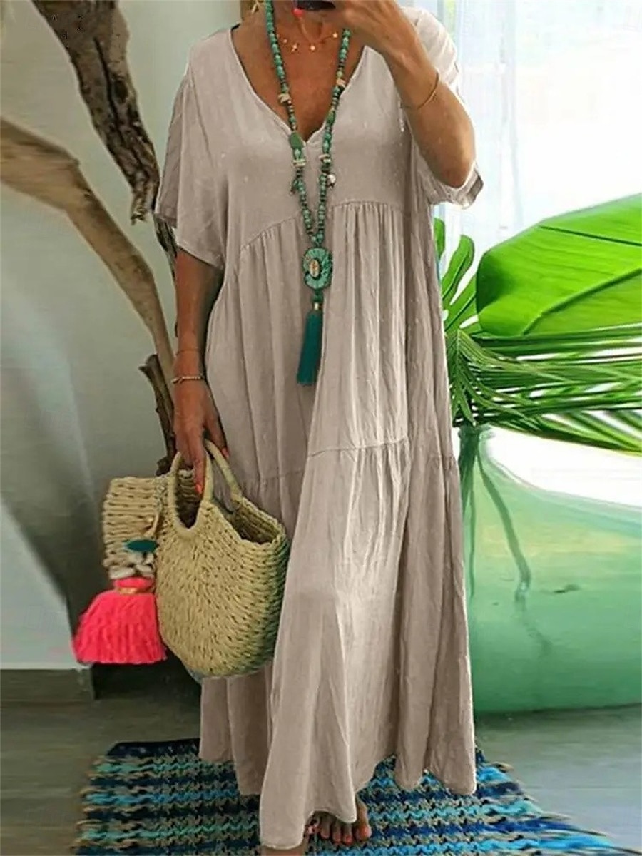 Damen Maxikleid Baumwoll-Leinen-Kleider Freizeitkleid Basic Lässig Urlaub Täglich Lässiger Schnitt Einfach Kurzarm V Ausschnitt Orange Grün Khaki Dunkelblau Sommer Frühling 2025 - $28.99 –P1