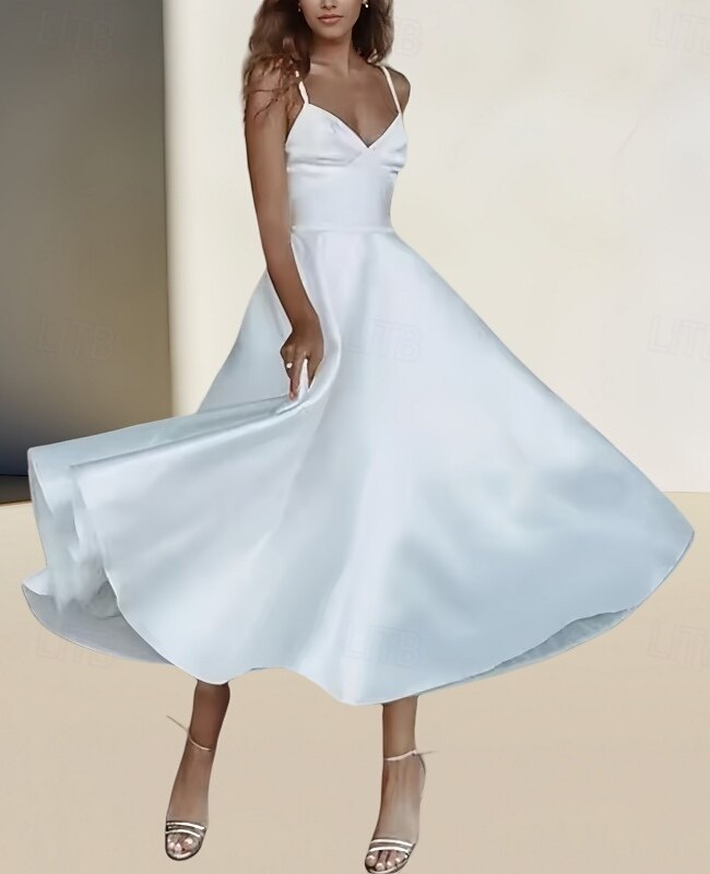 Abiti bianchi per fidanzamento o laurea abiti da matrimonio A-Line spalline sottili senza maniche lunghezza alla caviglia abiti da sposa in raso con arricciature del 2025 a $155.99 –P1