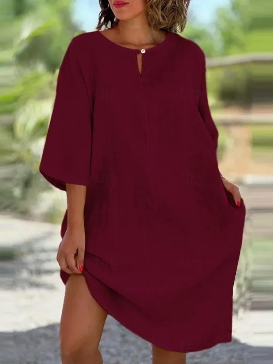 Women's Mini Dress Cotton Linen Dresses Casual Dress Basic Casual Vacation Daily Regular Fit Plain 3/4 Length Sleeve Crew Neck Yellow Wine Gray Light Blue Summer 2025 - $22.99 –P4