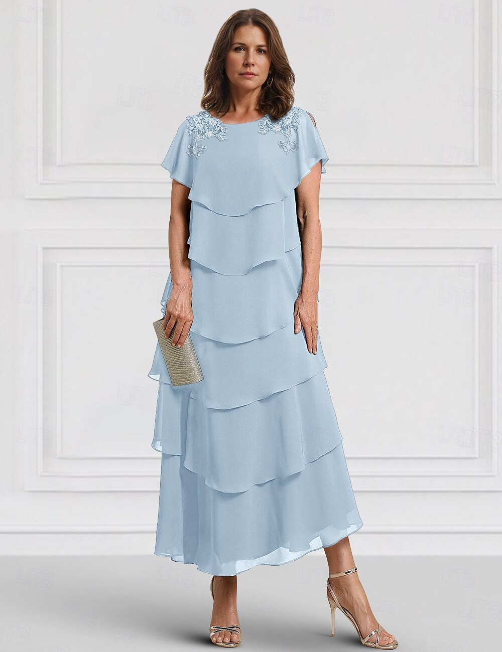 Kék A-vonalú menyasszony anyja ruha esküvői vendég elegáns has elrejtés crew nyak bokáig érő chiffon rövid ujjú csipke réteges esés midi ruha 2025 - $168.99 –P1