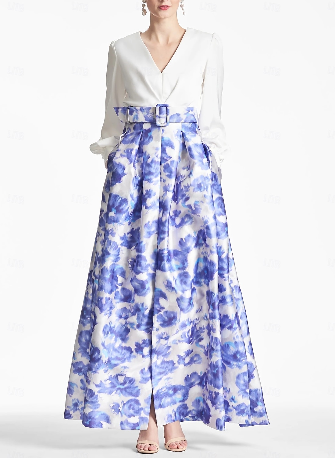 A-line Abito da Sera Abito Ad Alta Fessura Matrimonio in Spiaggia Formale Ospite di Matrimonio Lunghezza Piena Maniche Lunghe Scollo a V Cintura  Nastro Satin con Stampa Floreale Fessura Abito Derby del 2025 a $181.99 –P1
