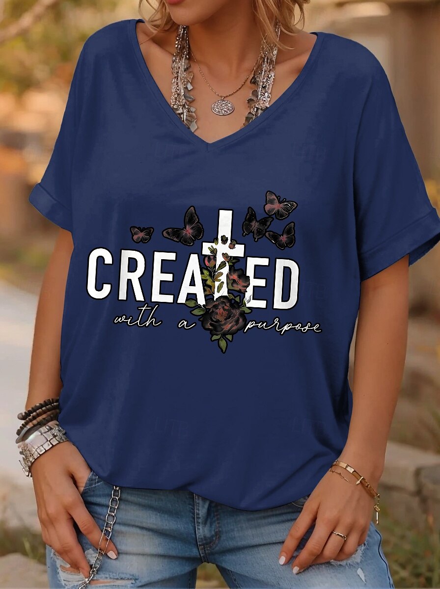 Dam T-shirt Reste sig Bokstav Stylish Ledigt Kortärmad V-hals Vanliga toppar Dagligen Mönster Blå Sommar 2025 - $19.99 –P1
