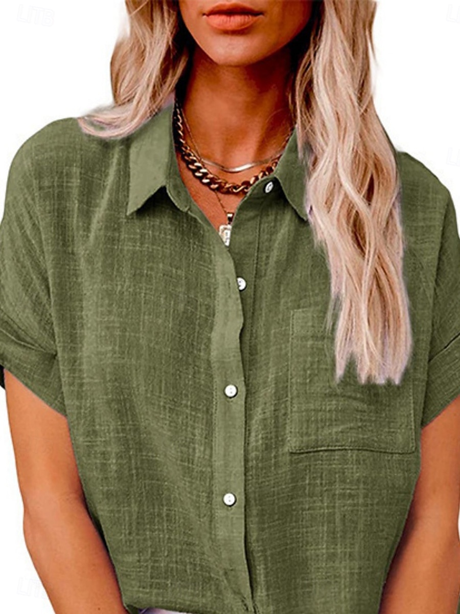 Women's Shirt Cotton Linen Shirts Button Up Blouse Solid Color Basic Casual Short Sleeve Shirt Collar Regular Tops Daily Buttons Pocket Wine Army Green Summer 2025 - $21.99 –P2