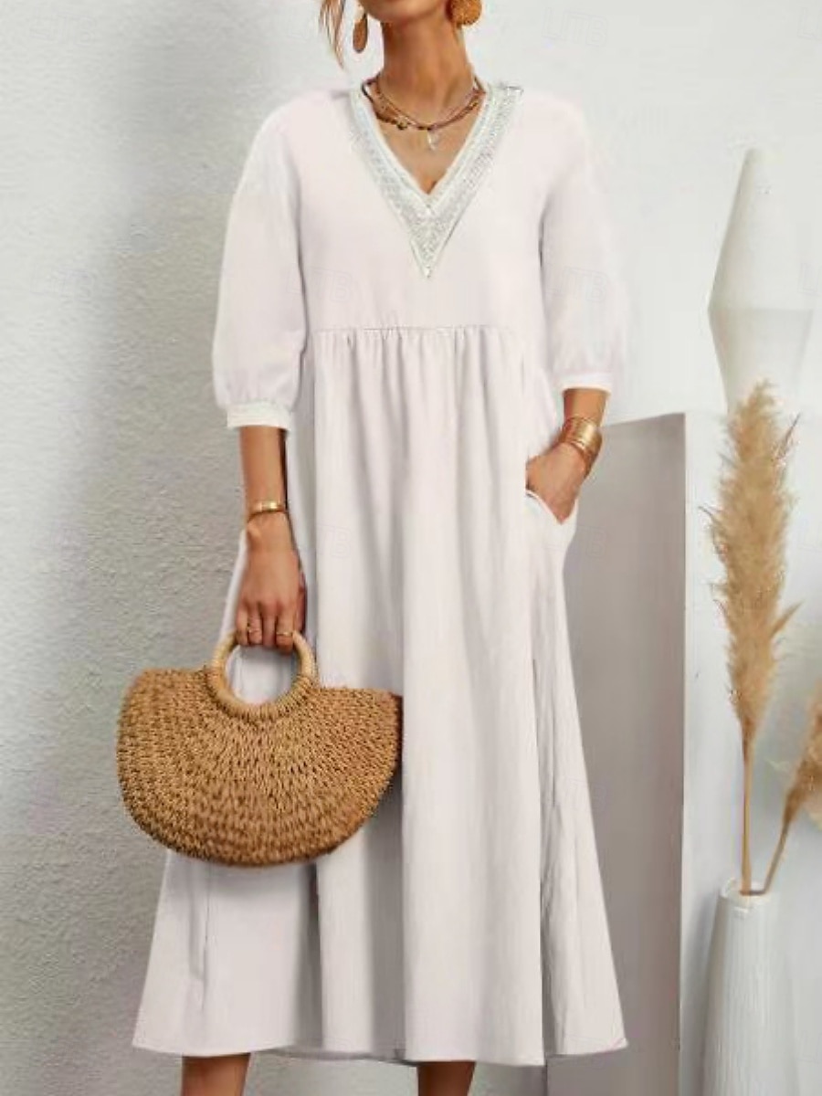 Damen Midikleid Baumwoll-Leinen-Kleider Freizeitkleid Basic Lässig Urlaub Täglich Normale Passform Einfach Dreiviertelarm V Ausschnitt Schwarz Weiß Armeegrün Sommer 2025 - $28.99 –P1