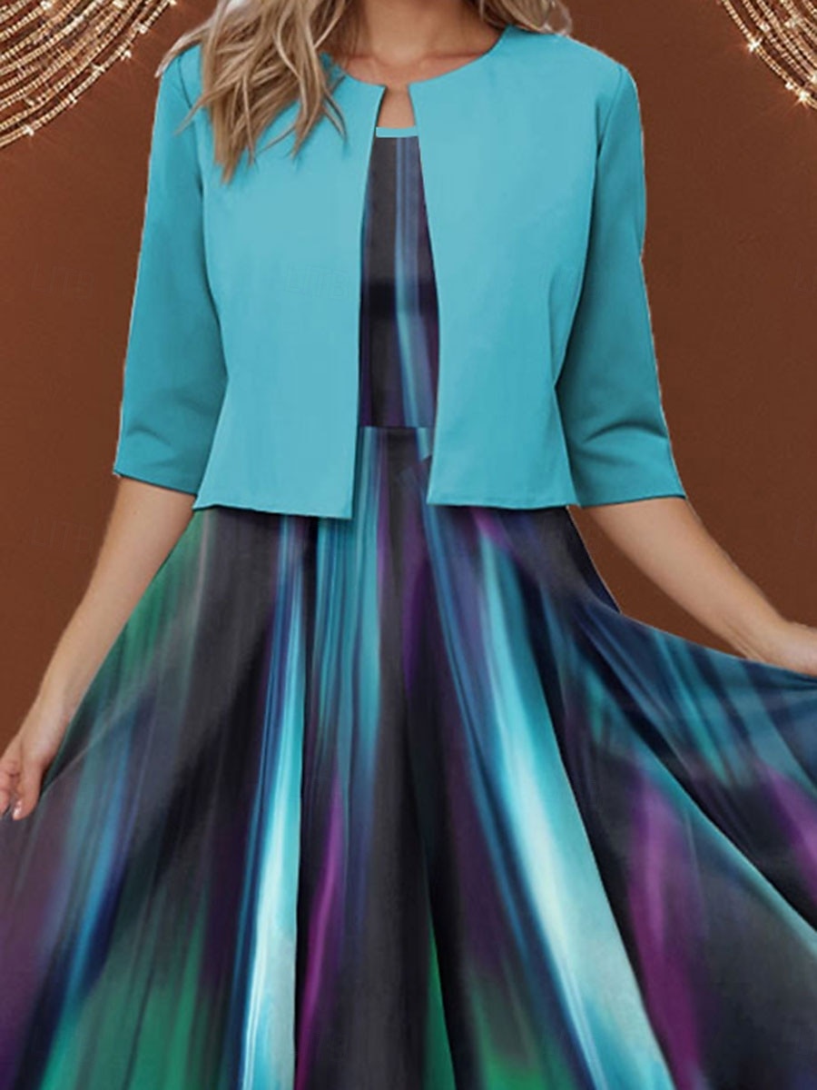 Robe Midi Femme Ensemble de Robe Deux Pièces Robe Imprimée Élégante Imprimé Ombré Manches Mi-Longues Col Rond Quotidien Bleu Printemps Automne Coupe Régulière de 2025 ? $36.99 –P2
