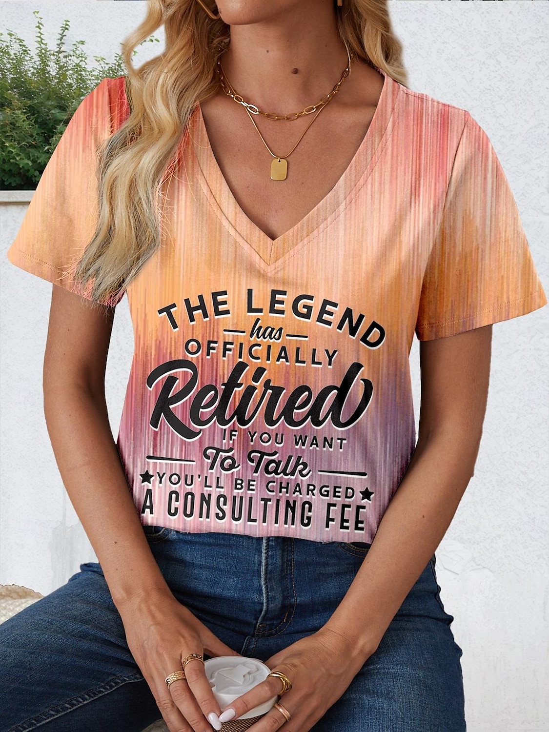 Femme T shirt Tie Dye Lettre mode Décontractées Manche Courte Col V Hauts réguliers du quotidien Imprimer Orange Eté de 2025 ? CAD $30.99 –P3