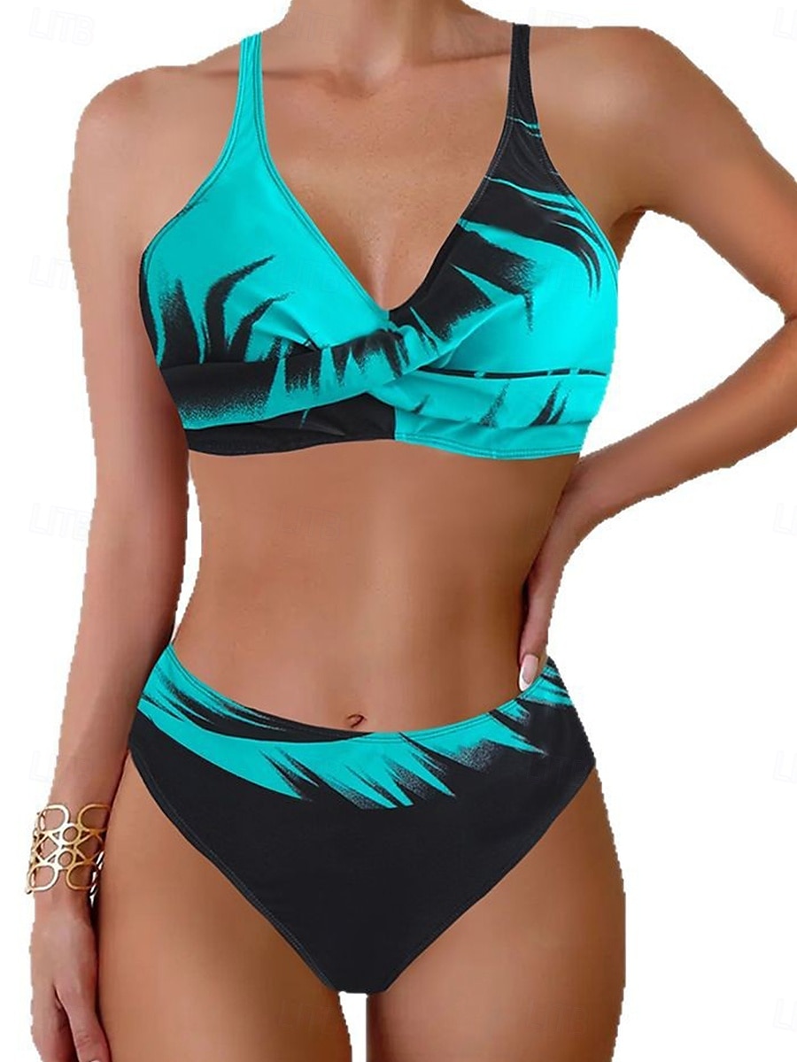 Dam Badkläder Bikini 2 st Kaxig Baddräkt Öppen rygg Smal Semester Standkläder Grafisk V-hals Ärmlös Baddräkter 2025 - $27.99 –P4