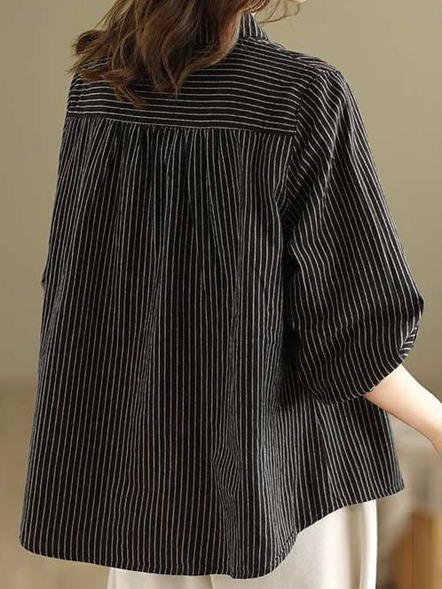 Dames Overhemd Katoenen linnen overhemden Knoop omhoog Blouse Gestreept Stijlvol Casual Lange mouw Overhemdkraag Normale tops Dagelijks Knop Afdrukken Zwart Wit Zomer Lente Herfst 2025 - $25.99 –P10