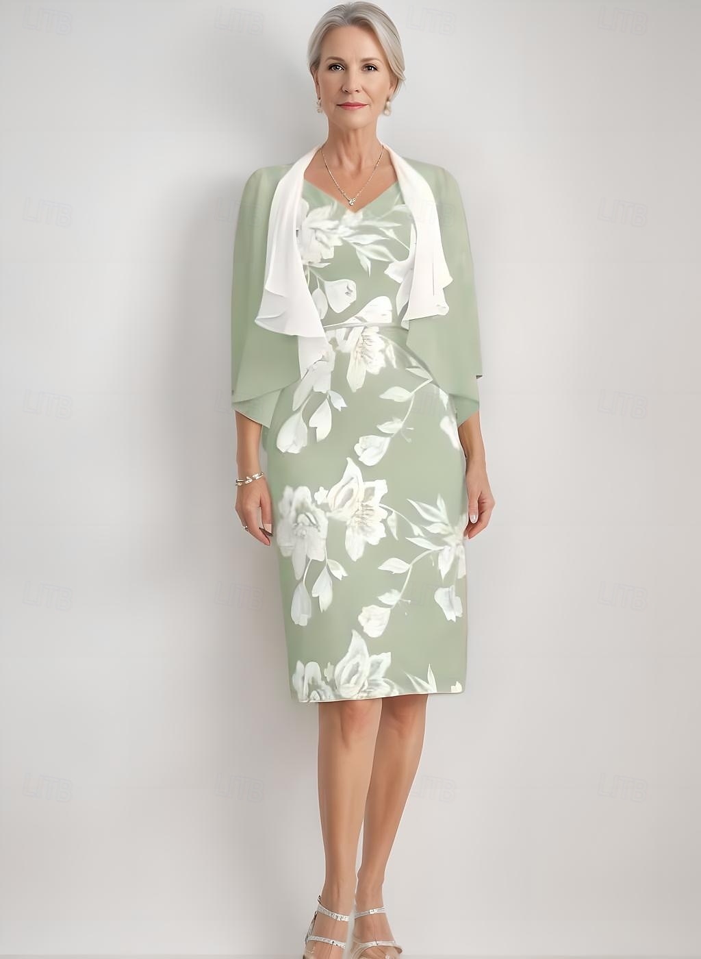 Robe mère de la mariée deux pièces robe fourreau  colonne élégante vintage col en V longueur thé chiffon dentelle florale appliquée à manches 3/4 avec veste ruchée robe de jour de course de 2025 ? $135.99 –P1