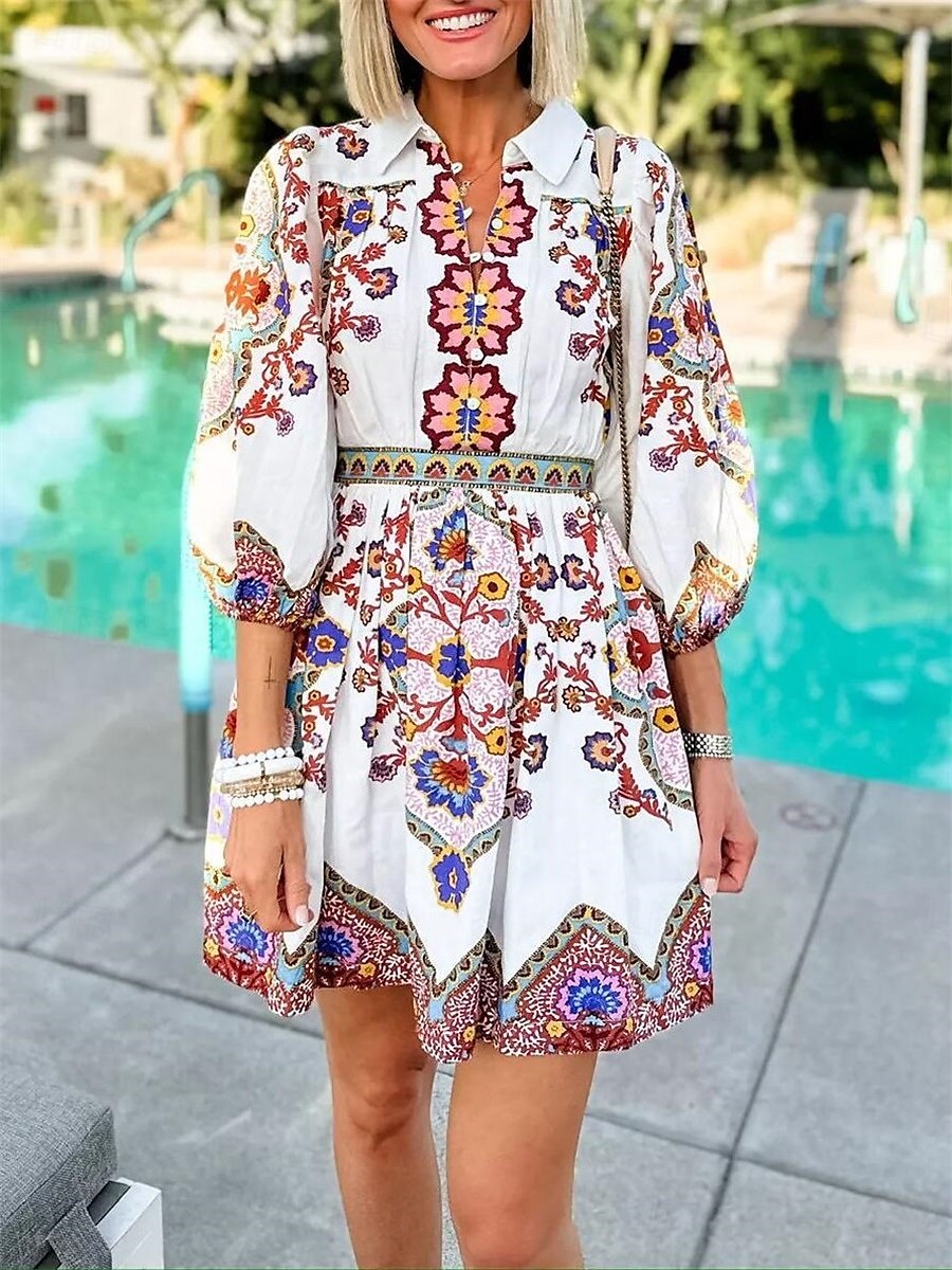 Damskie Sukienka mini Sukienka A line Sukienka Boho Elegancja Bohema Śłodkie Latarnia rękawem Urlop Codzienny Randka Luźna Graficzny Rękaw 1/2 W serek Biały Lato Wiosna Jesień 2025 - $37.99 –P1