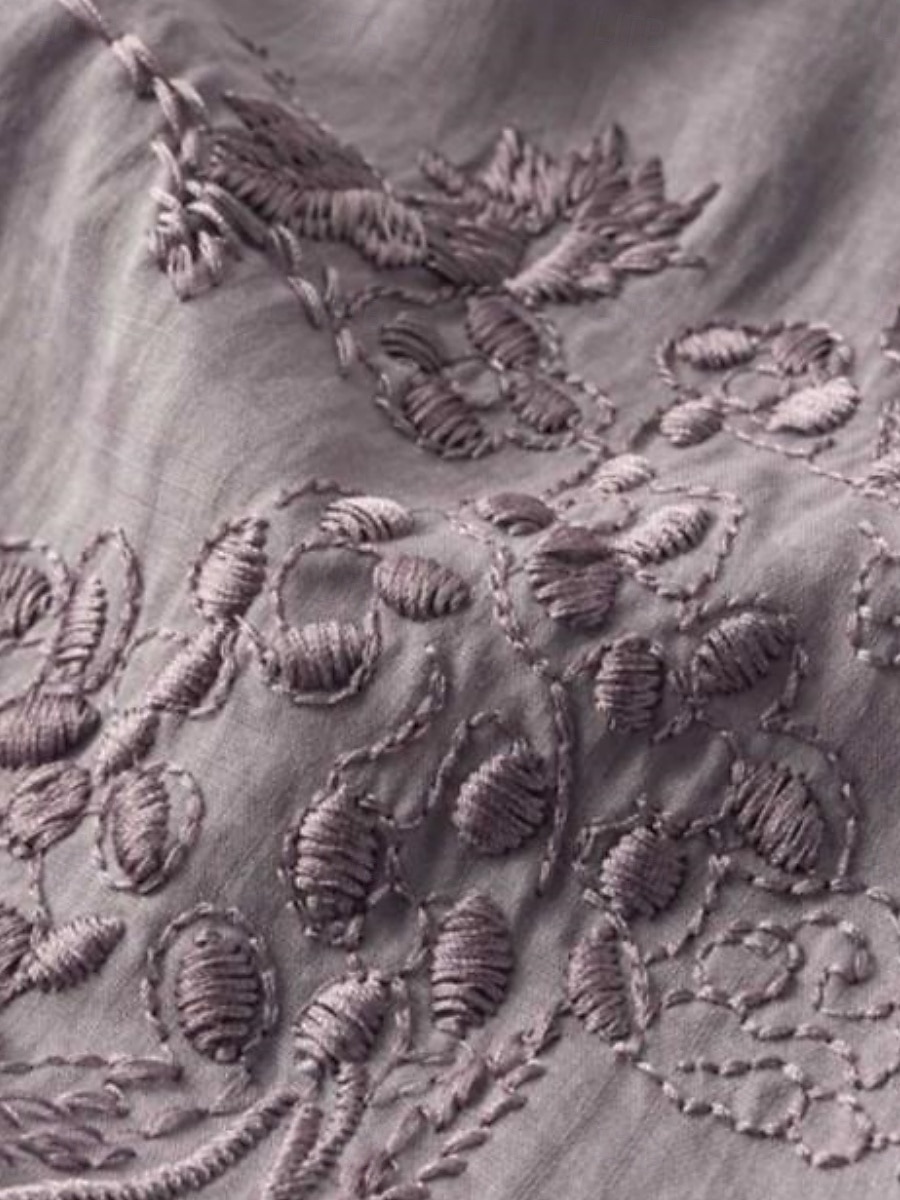Dame Skjorte Bluse Skjorter i bomullslin Helfarge Stilfull Fritid 3/4 ermer Crew-hals Vanlige topper Daglig Broderi Knapper Gul Rød Lilla Grønn Sommer Vår 2025 - $27.99 –P5