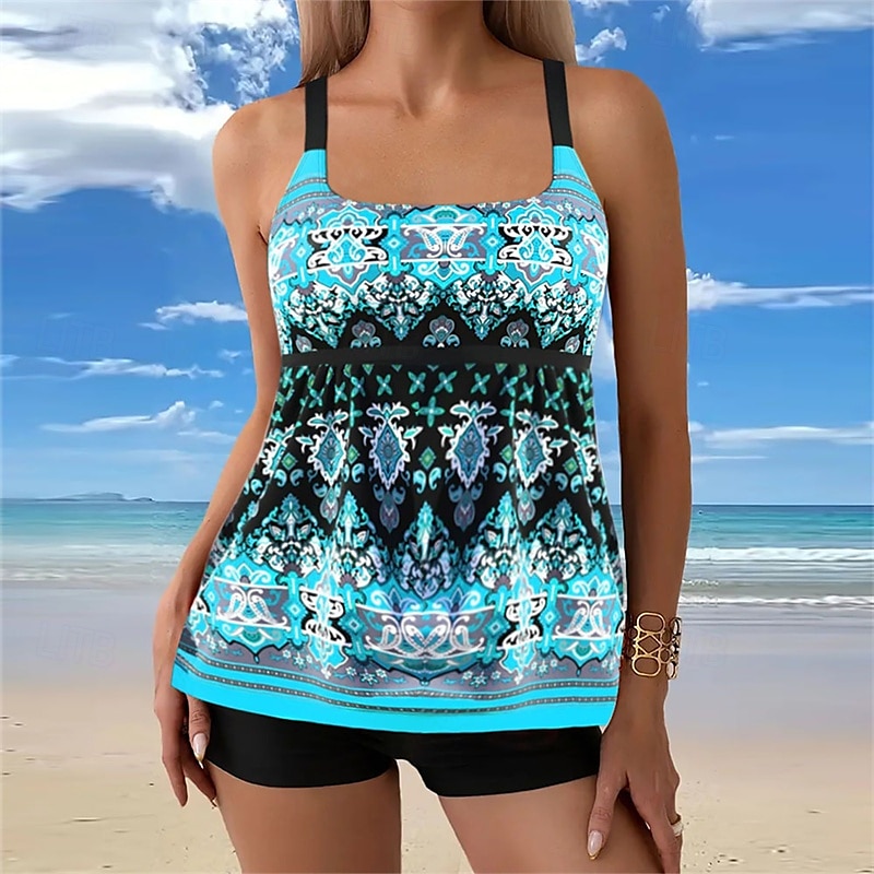 Dam Tankini Tvådelad baddräkt Badkläder Blommig Badkläder Svart Blå Andningsfunktion Snabb tork Lättvikt Ärmlös - Simmning Surfing Strand Sommar Vår Plusstorlekar 2026 - $26.99 –P5