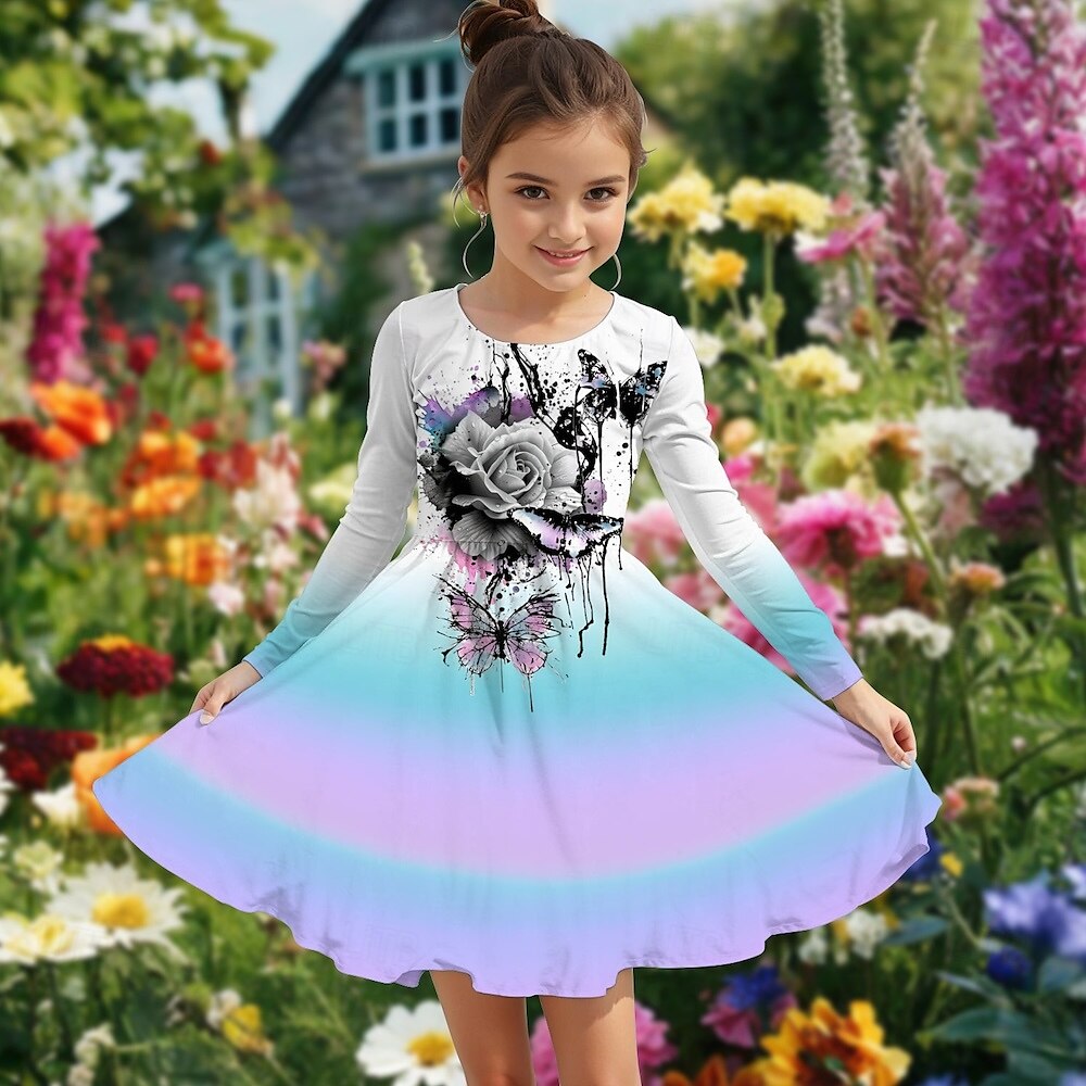 Easter Girls' 3D Rose Graphic Dress Long Sleeve Summer Spring Vacation Daily Holiday Princess Beautiful Sweet Kids 4-12 Years Casual Dress A Line Dress Knee-length Regular Fit 2025 - $16.99 –P1