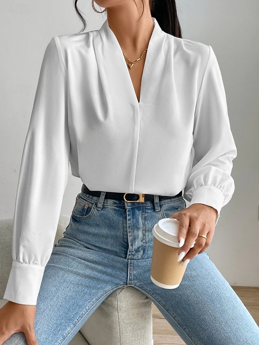 Dame Skjorte Bluse Helfarge Stilfull Fritid Langermet V-hals Vanlige topper Daglig Knapper Lomme Svart Hvit Gul Blå Grønn Sommer Vår 2025 - $31.99 –P4
