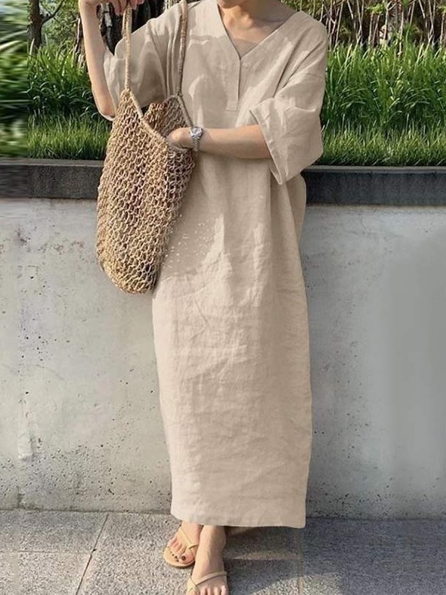 Damskie Sukienka maxi Sukienki z bawełny i lnu Codzienne sukienki Podstawowy Codzienny Urlop Codzienny Regularny Równina Rękaw 3/4 W serek Czerwony Khaki Zieleń wojskowa Ciemnoniebieski Lato 2025 - $18.99 –P4