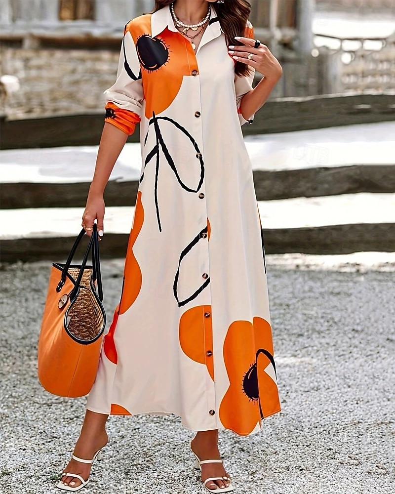 Women's Long Dress Maxi Dress Shirt Dress Casual Dress Summer Dress Stylish Casual Vacation Daily Date Regular Fit Floral Graphic Long Sleeve Lapel Black And White Black Blue Orange Summer Spring 2025 - $26.99 –P7