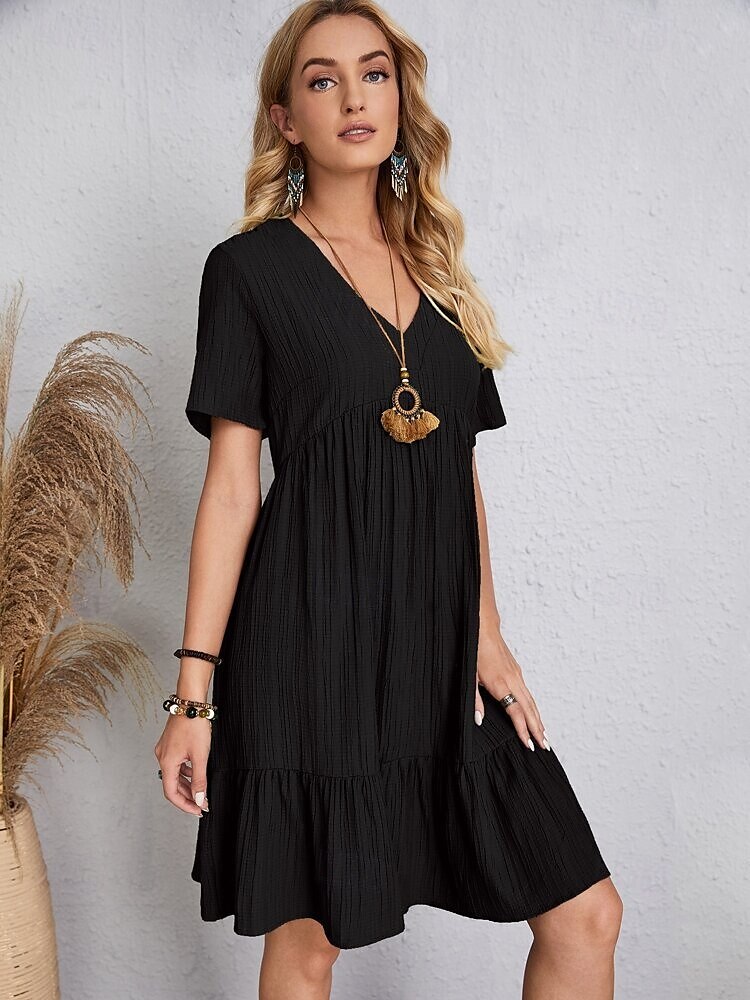 abito da lavoro da donna abito casual abito a trapezio elegante da ufficio quotidiano abito lungo abito lungo patchwork scollo a V manica corta tinta unita vestibilità regolare nero rosa rosso estate del 2025 a $21.99 –P6