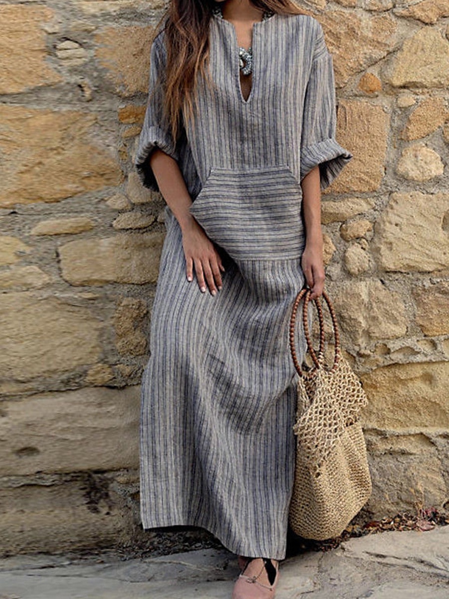 Damen Normal Maxikleid Baumwoll-Leinen-Kleider Vintage-Kleid Stilvoll Lässig Arbeit Täglich Lässiger Schnitt Gestreift Langarm V Ausschnitt Rote Grün Grau Frühling Herbst 2025 - $22.99 –P1